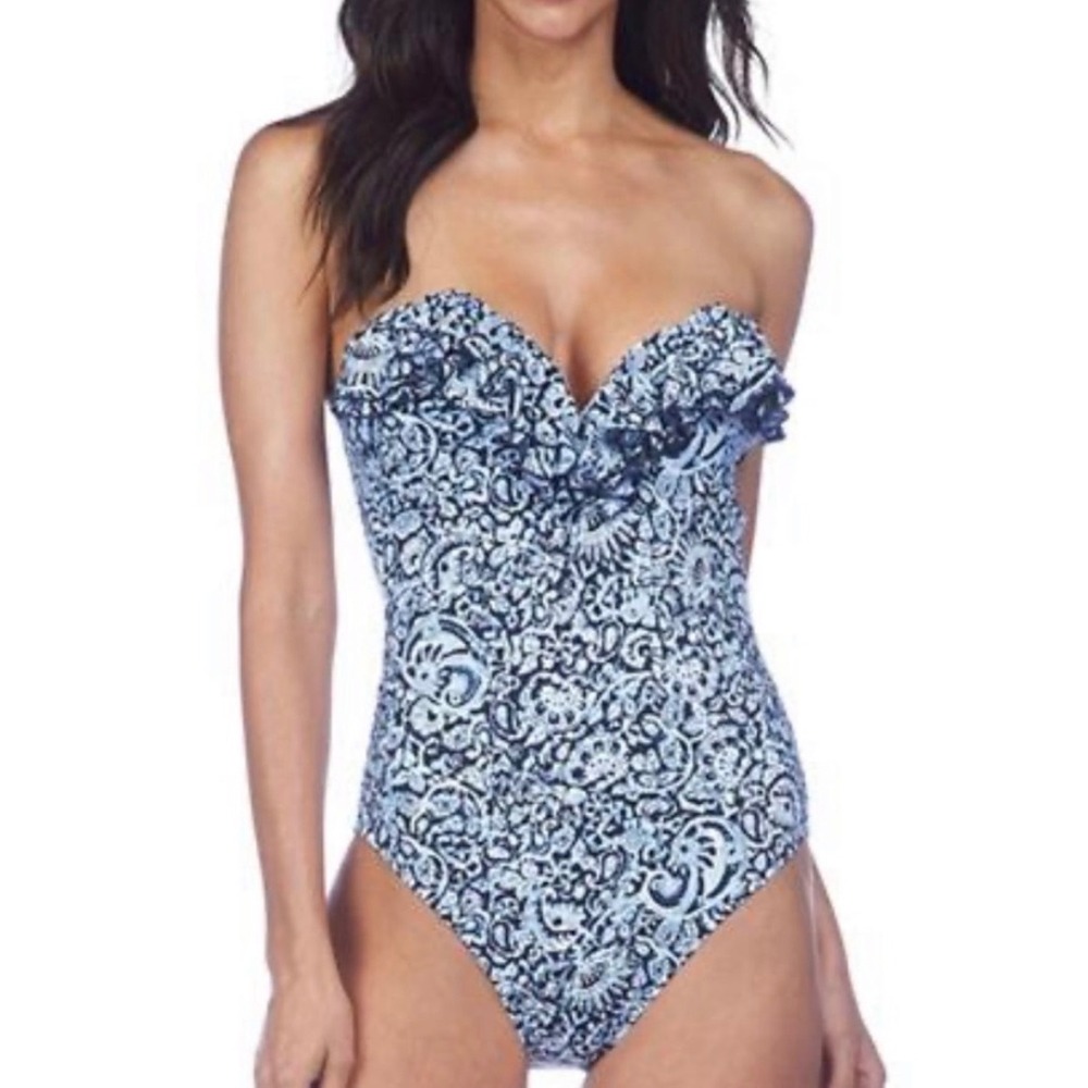 Polo Ralph Lauren Womens Blue Paisley Ruffle One Piece Swimsuit Large